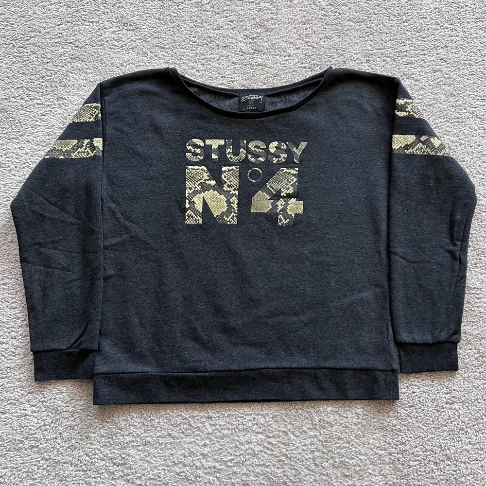 Stussy N4 Snake Print Graphic Sweatshirt Womens L Gray Fleece Pullover